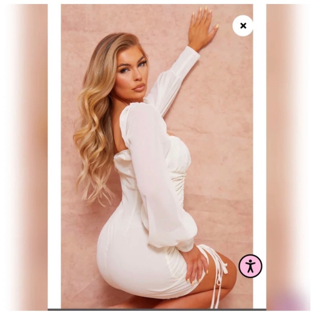 PRETTYLITTLETHING Ivory Ruched Dress - Picture 2 of 9